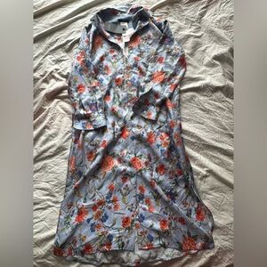 Weekend Max Mara Floral Shirt Dress Blue Silk Button Front Designer Size S